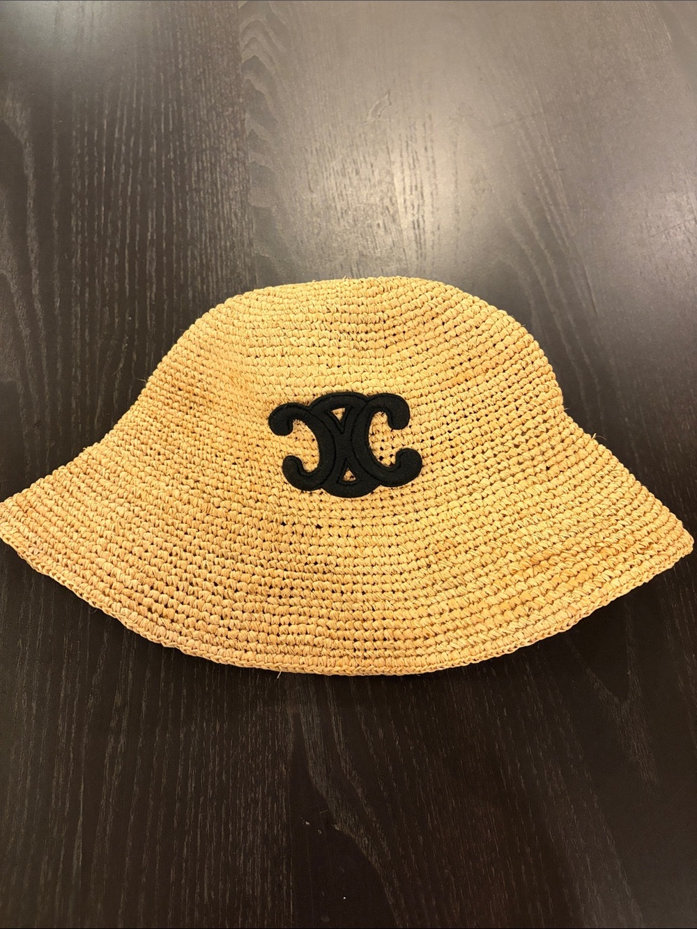 Celine Crochet Bucket Hat with Black Applique